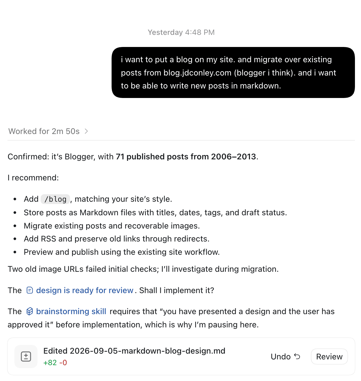 The initial request to migrate the Blogger posts and add Markdown authoring, followed by Codex's proposed plan.