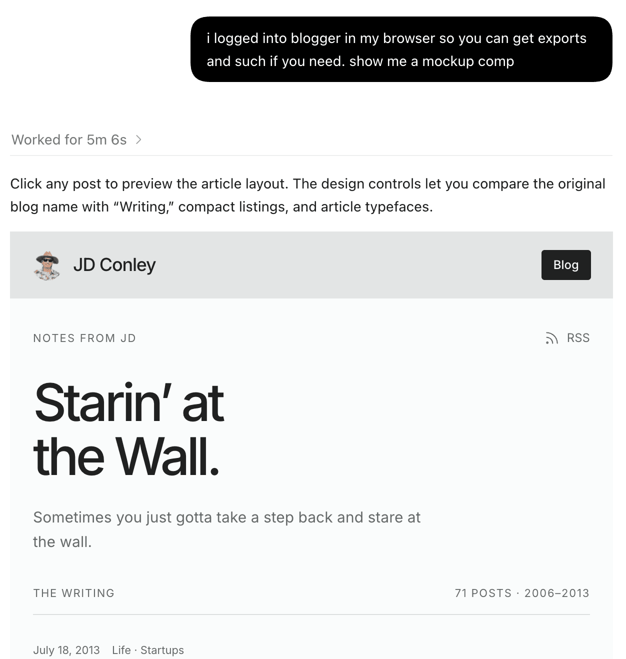 The request for a mockup and Codex's first blog archive design, using the original blog name, Starin' at the Wall.
