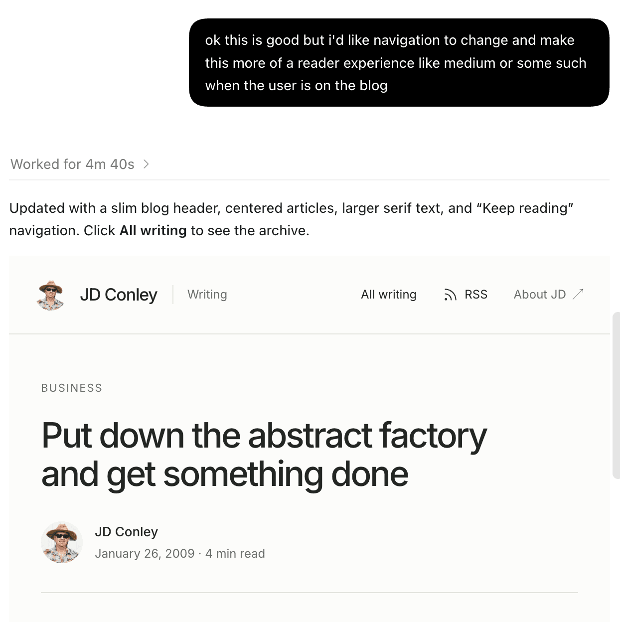 Feedback asking for a more focused reading experience, followed by an updated article mockup with a slim blog header.