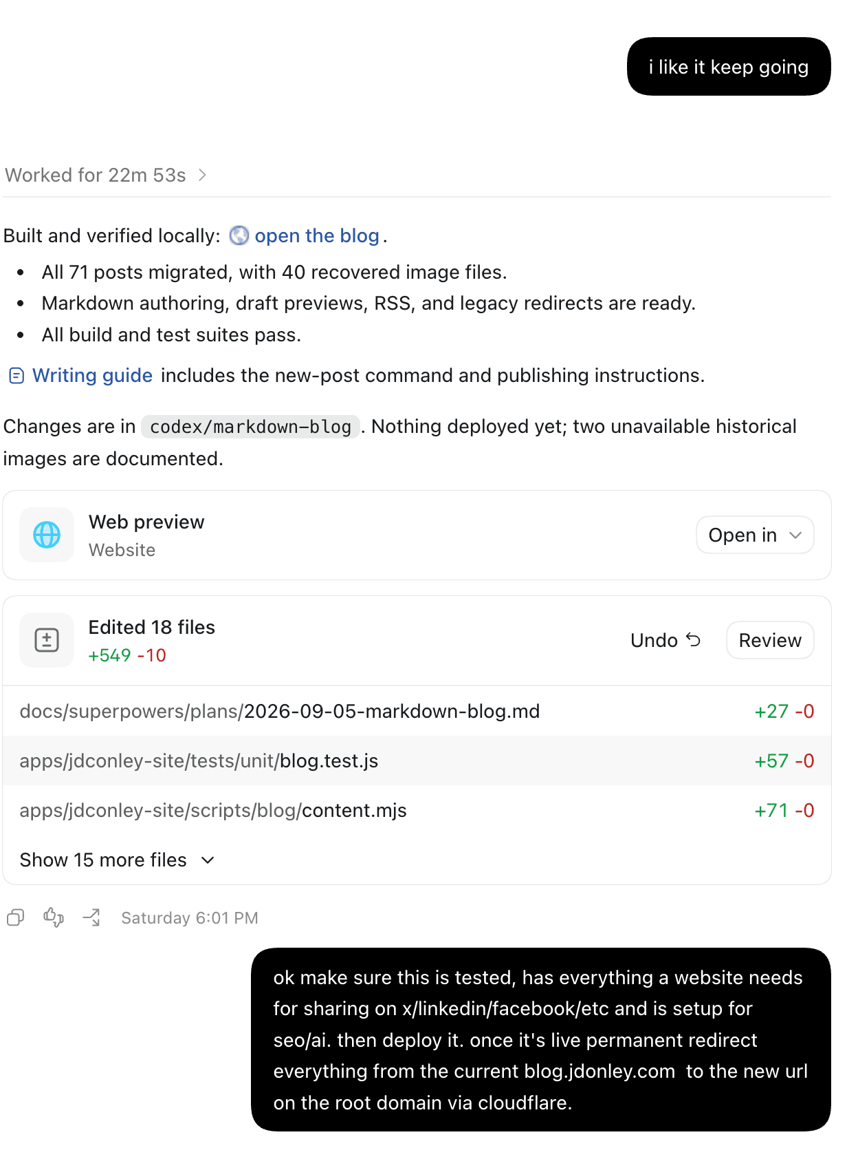 Codex reports the migration and local verification are complete, followed by the request for sharing metadata, deployment, and redirects.