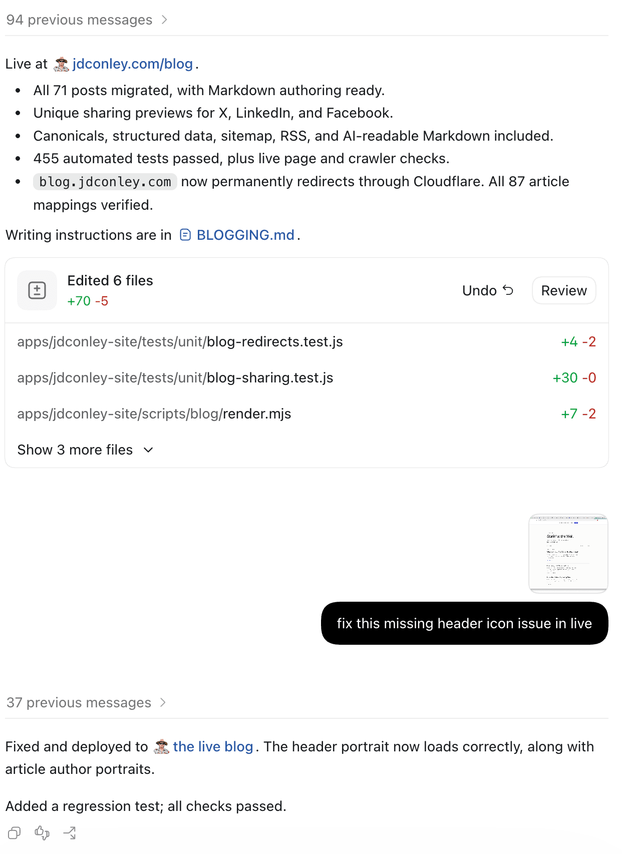 Codex's launch summary, followed by the report of a missing header portrait and confirmation of the deployed fix.